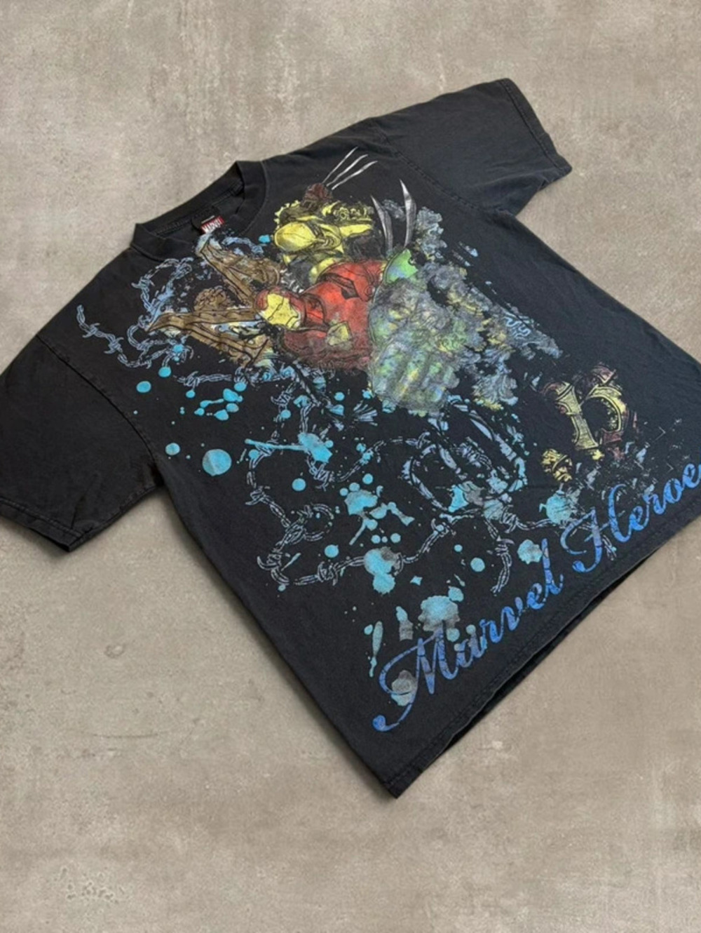 Vintage 2008 Marvel Heroes Paint Splatter Graphic T Shirt Black Mens Large L